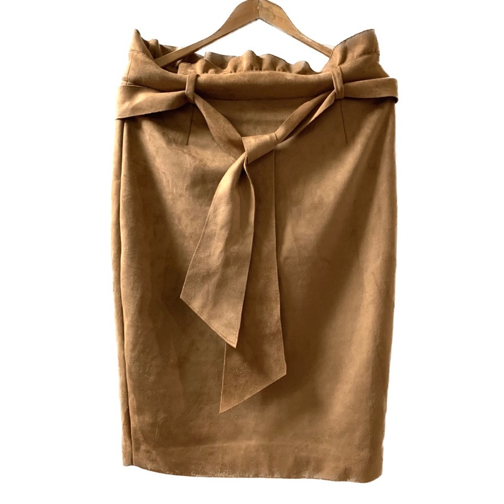 SOLD Suede Camel Brown Skirt High Waisted Knee Length Belted Pencil Skirt
